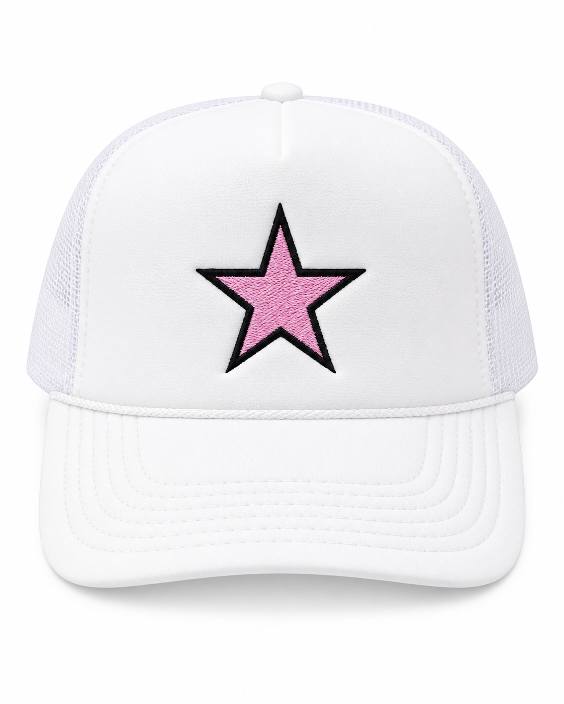 Pink Star Trucker Hat front view with white structured front, white bill and mesh back, and large pink embroidered star with bold black outline on white background
