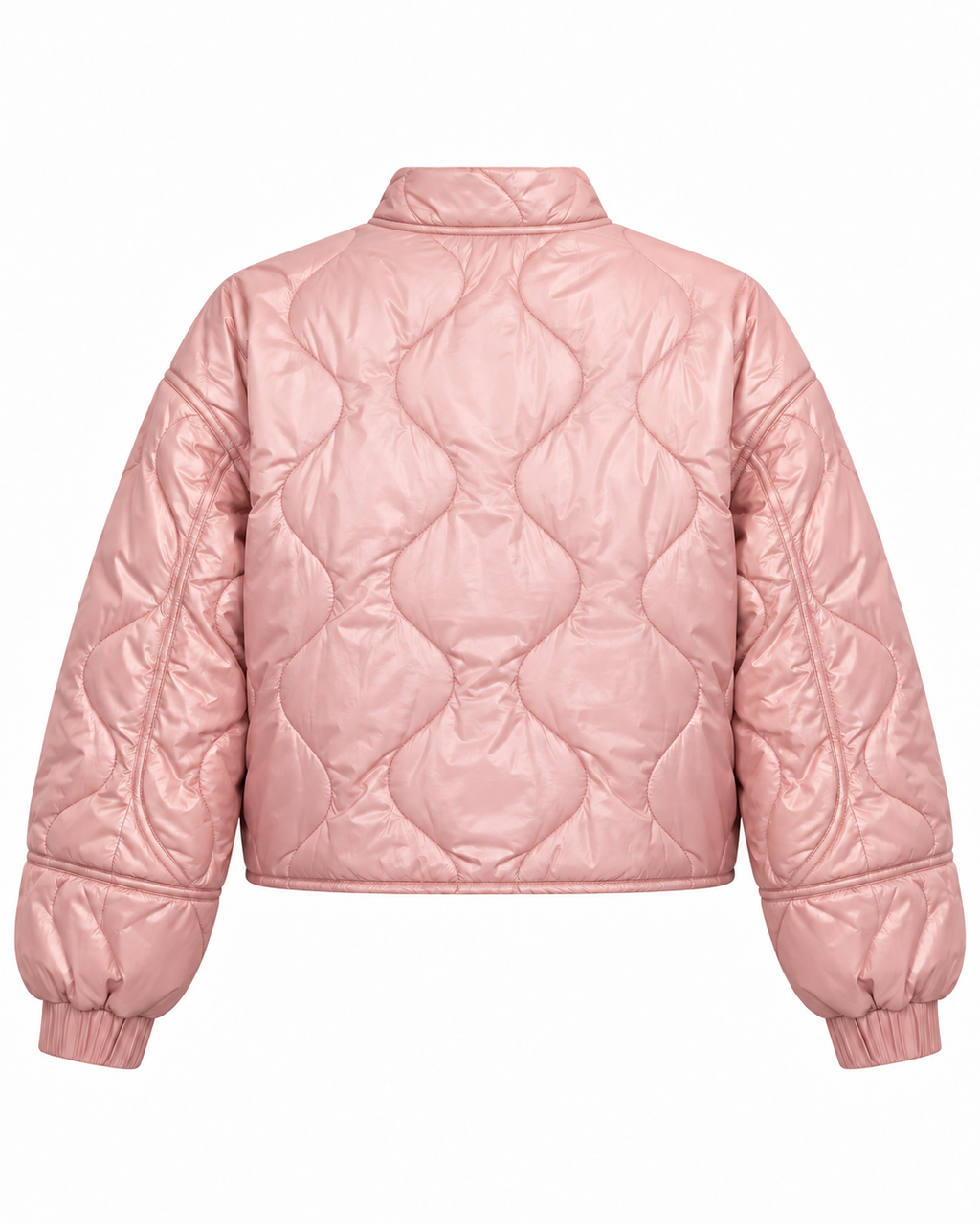 Back view of the blush pink jacket with curved wave quilting, long sleeves, elastic cuffs, and a short straight hem
