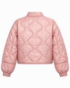 Back view of the blush pink jacket with curved wave quilting, long sleeves, elastic cuffs, and a short straight hem
