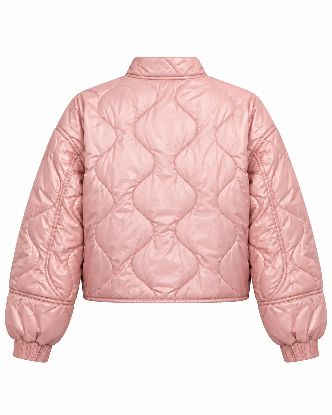 Back view of the blush pink jacket with curved wave quilting, long sleeves, elastic cuffs, and a short straight hem
