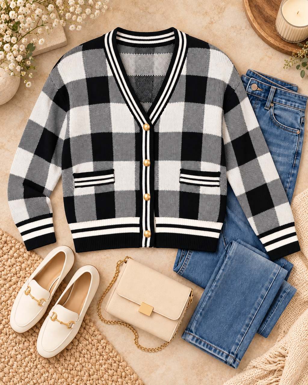 Black and White Plaid Gold Button Knit Cardigan styled in flat lay with blue jeans, cream leather loafers with gold hardware, cream structured chain-strap crossbody bag, white daisy florals, and a lit candle on a woven rattan surface

