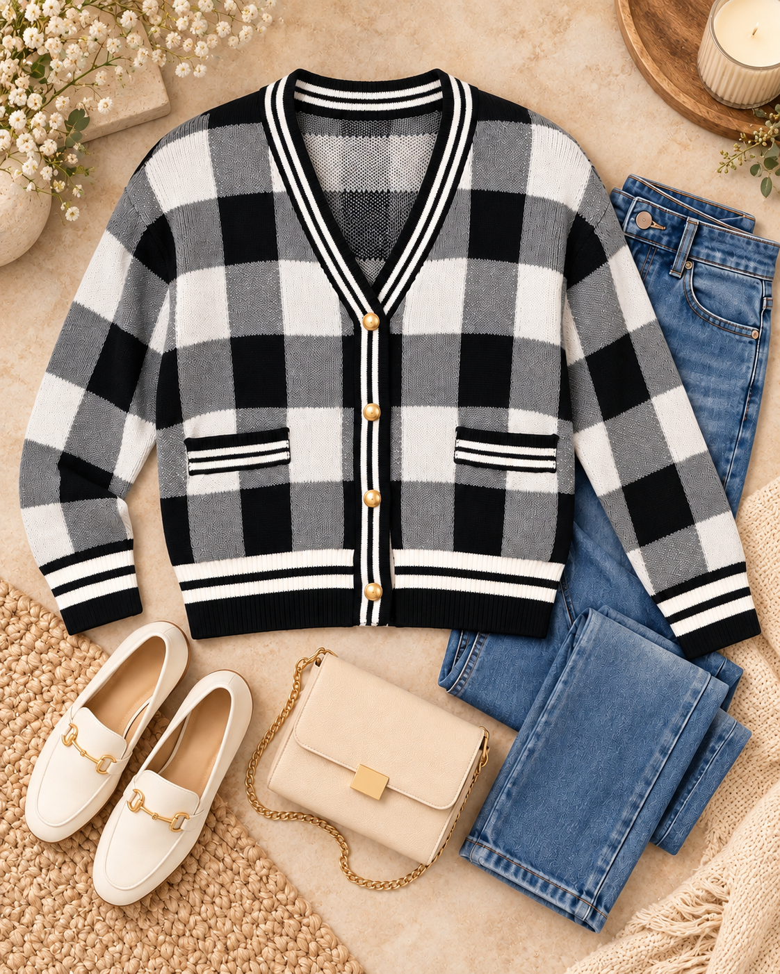 Black and White Plaid Gold Button Knit Cardigan styled in flat lay with blue jeans, cream leather loafers with gold hardware, cream structured chain-strap crossbody bag, white daisy florals, and a lit candle on a woven rattan surface
