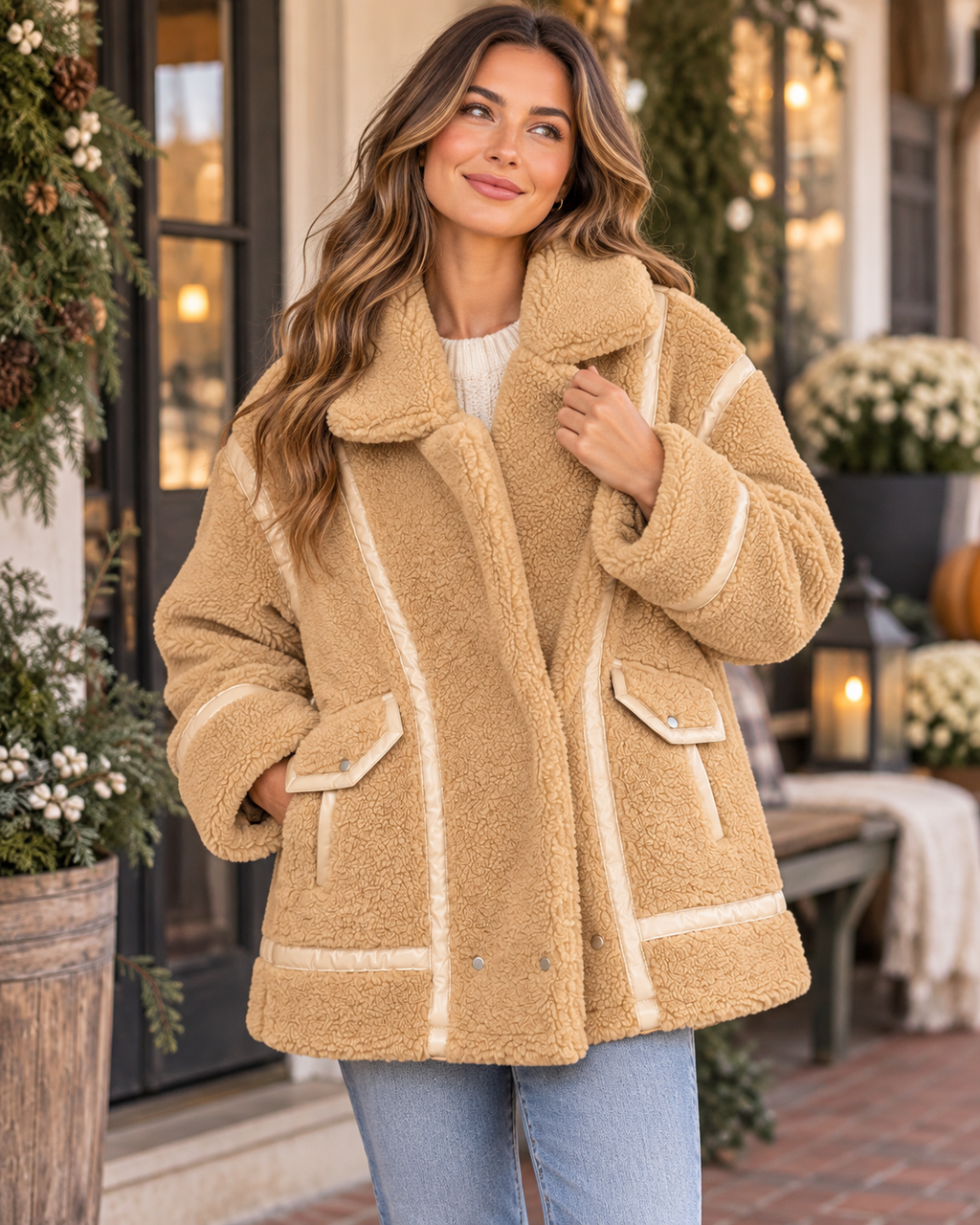 Model wearing a tan sherpa jacket with contrast trim, a high collar, and two front pockets

