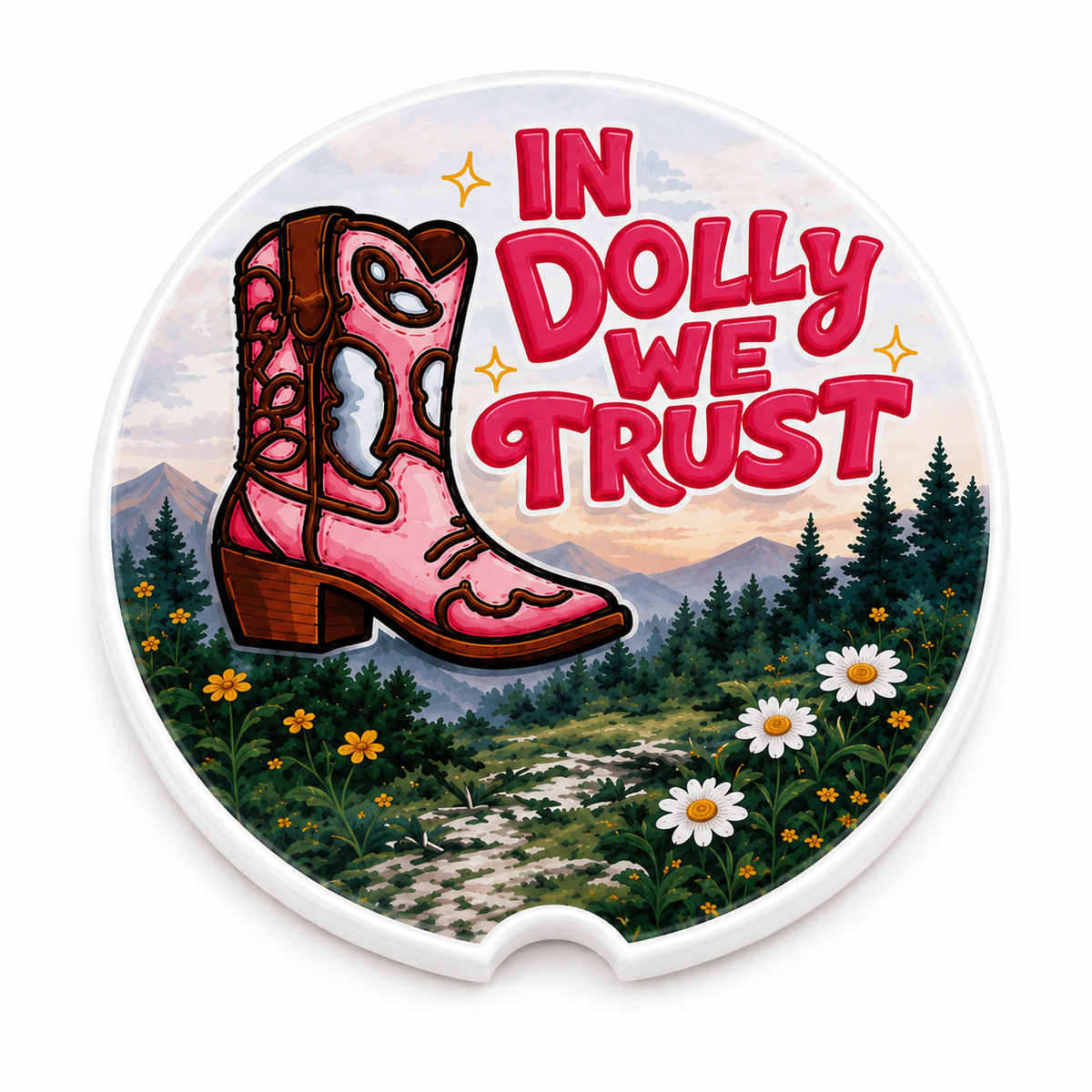 Close-up of In Dolly We Trust design on ceramic car coaster
