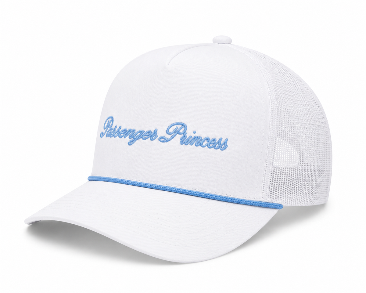 Side view of Passenger Princess Trucker Hat showing white foam front, light blue rope accent, and breathable white mesh back, on a white background.
