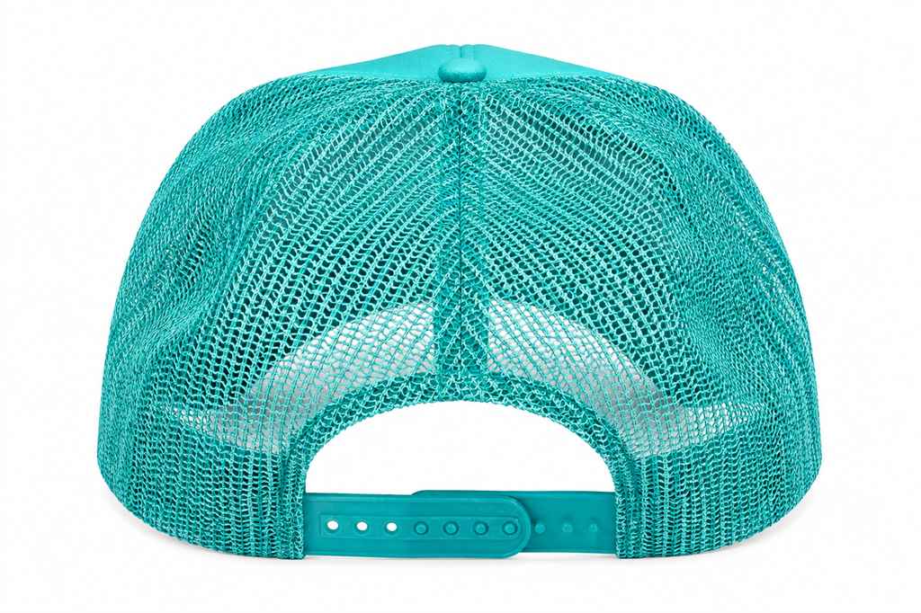 A turquoise mesh trucker cap viewed from the back, featuring a matching turquoise plastic snap closure on a clean white background.
