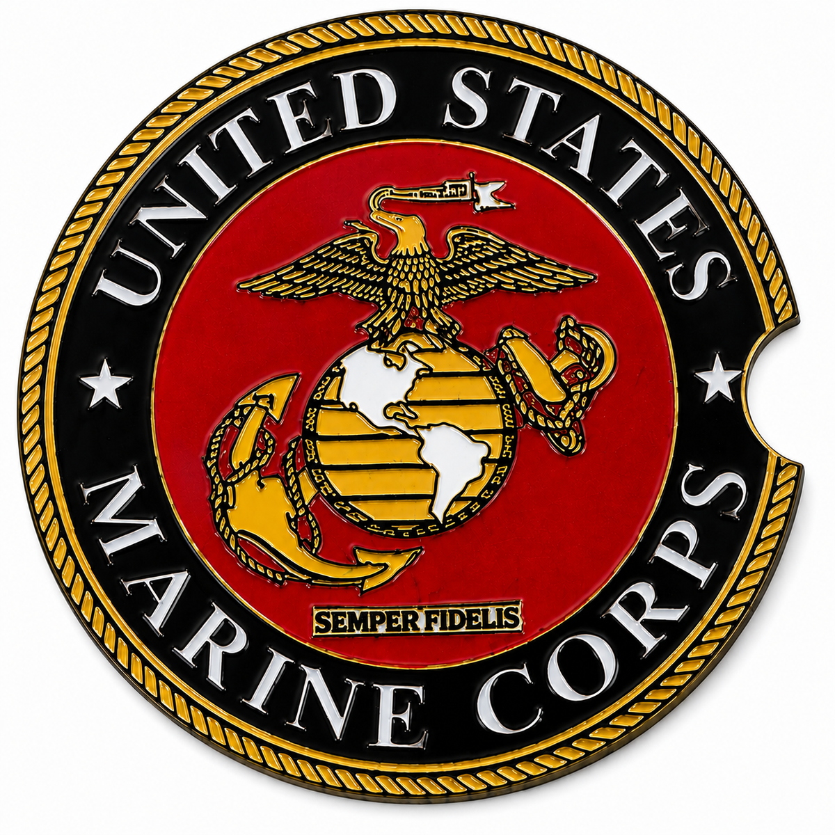 Close-up of United States Marine Corps ceramic car coaster with official USMC seal — Eagle Globe and Anchor, Semper Fidelis motto, gold rope border on red and black
