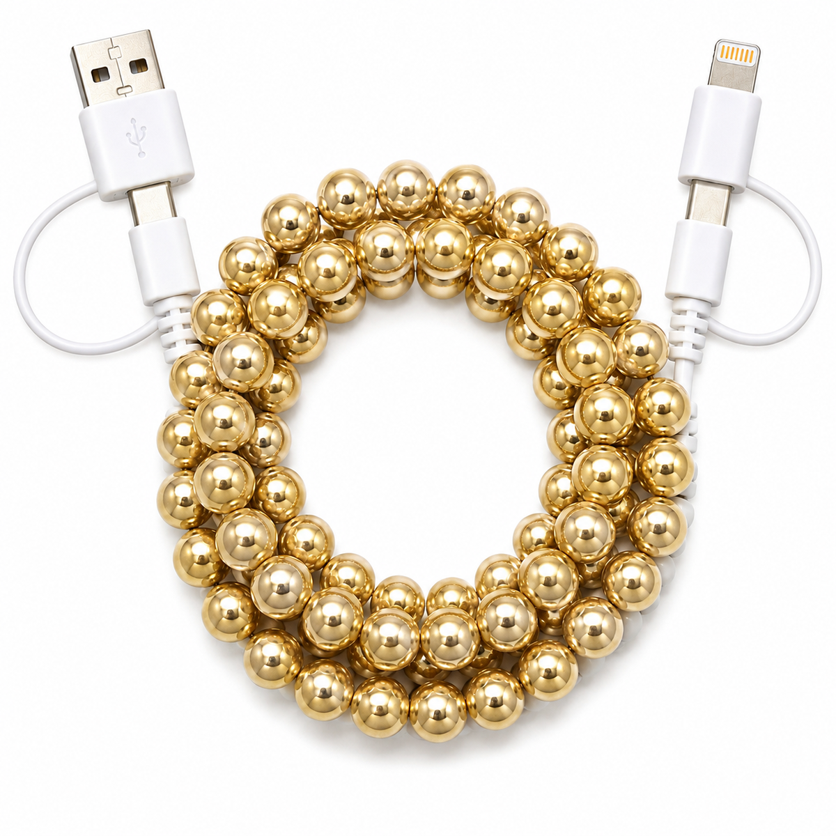 Gold beaded multi charging cable with USB and phone charging connectors