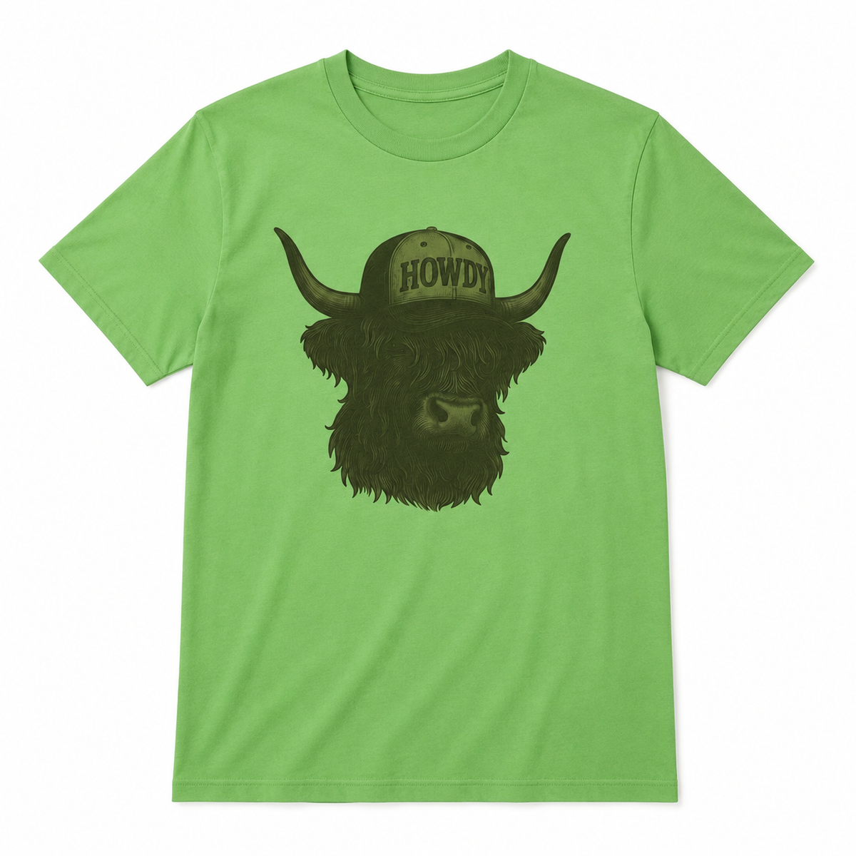Green Howdy Highland graphic tee featuring Highland cow wearing a Howdy cap