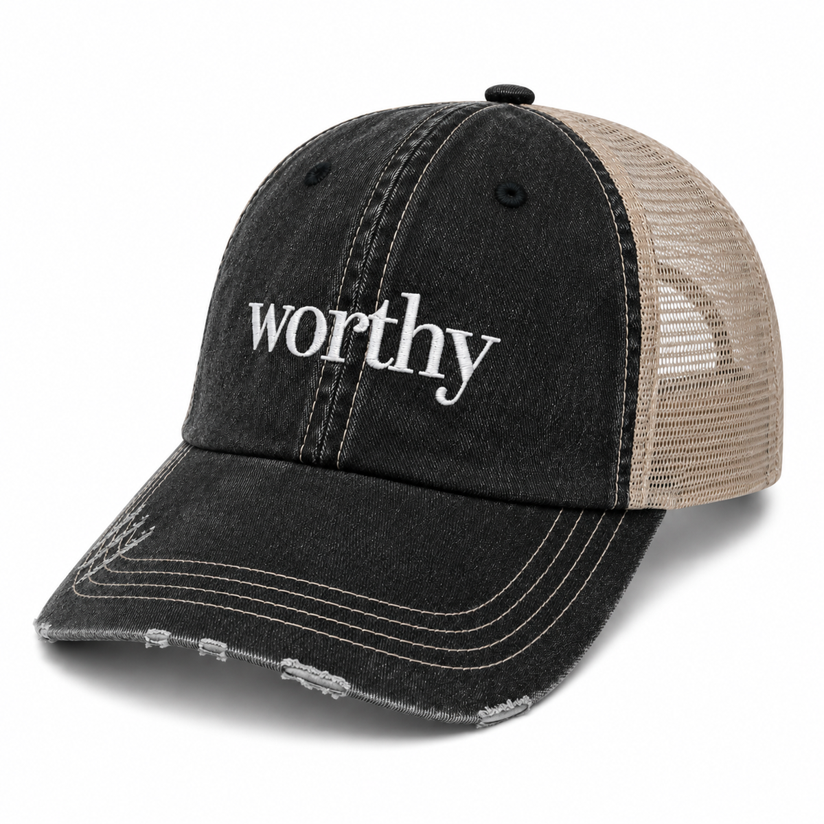 Worthy Trucker Hat side angle showing black distressed denim front, tan mesh back and adjustable fit