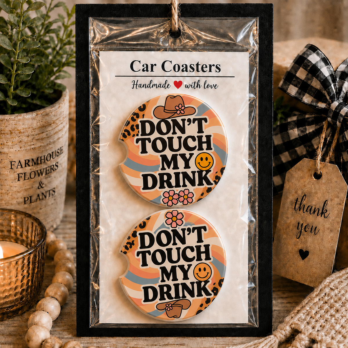 Don't Touch My Drink Car Coaster Set in handmade packaging — gift-ready ceramic coasters with retro rainbow, leopard print, cowboy hat, and smiley face design, set of 2
