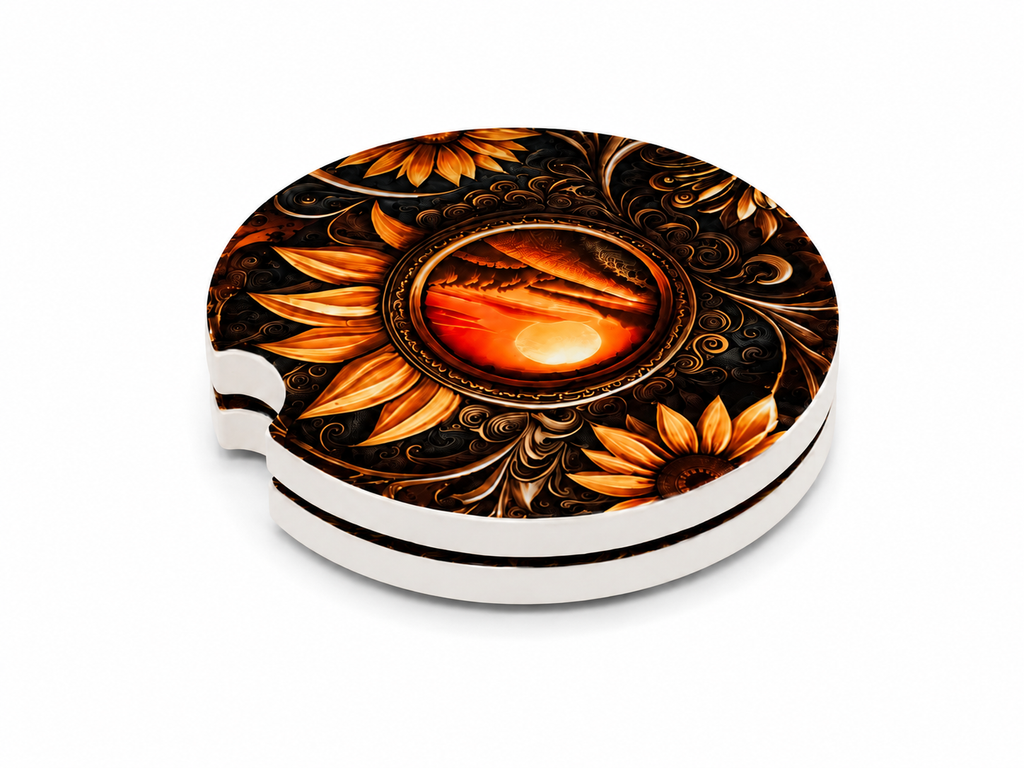 Sunflower Tooled Leather ceramic car coasters stacked showing thickness and finger notch cutout, dark amber tooled leather sunflowers and glowing sunset medallion design, set of 2
