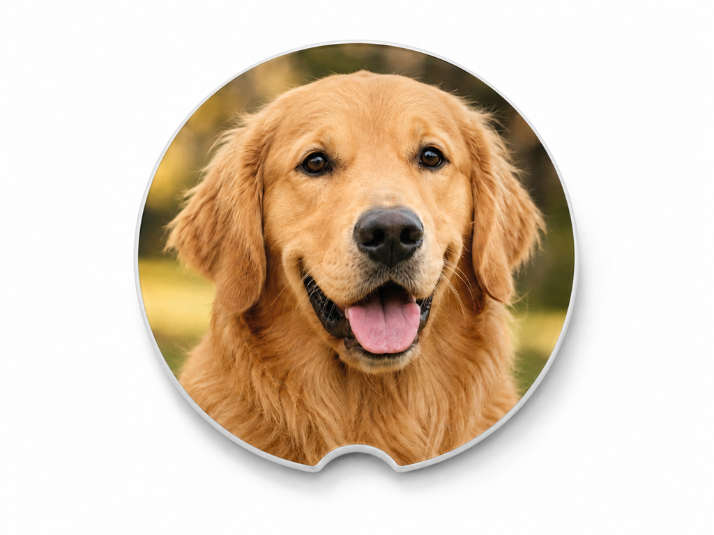 Round custom photo car coaster printed with a close-up golden retriever portrait and white finished edges with finger notch cutout, on a white background.
