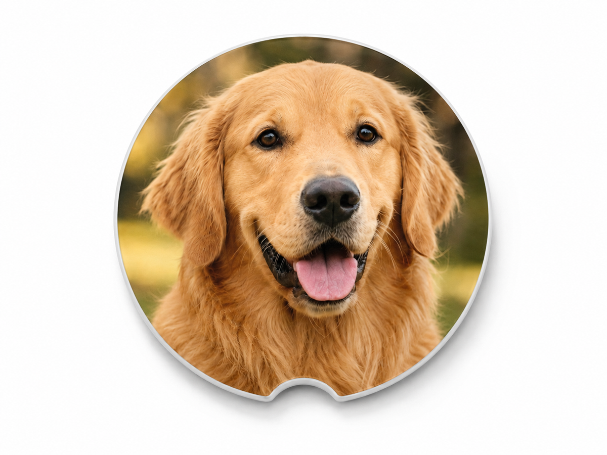 Round custom photo car coaster printed with a close-up golden retriever portrait and white finished edges with finger notch cutout, on a white background.

