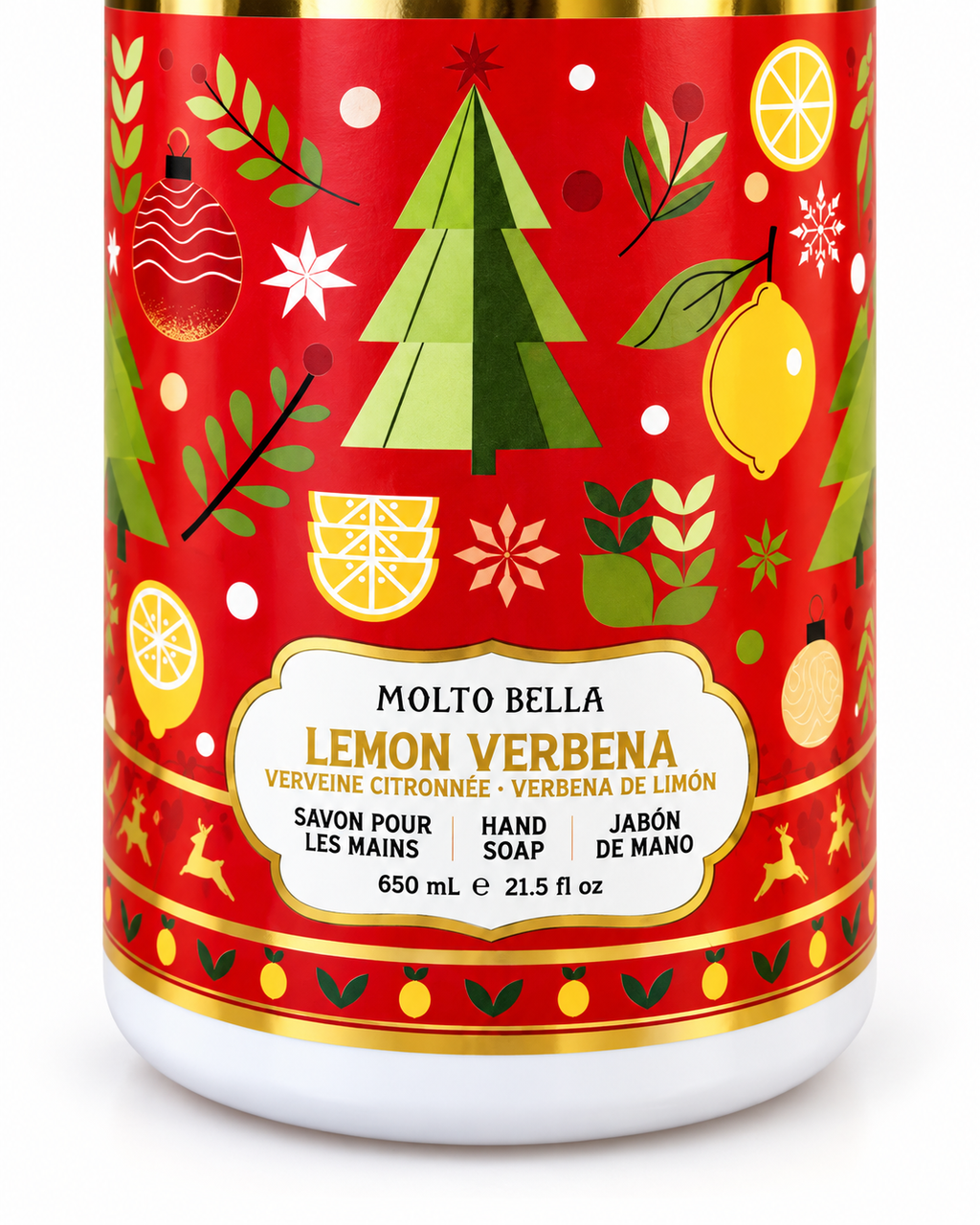 Close-up of the Lemon Verbena hand soap label showing green trees, yellow lemons, gold accents, and 650 mL and 21.5 fl oz size
