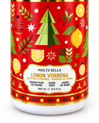 Close-up of the Lemon Verbena hand soap label showing green trees, yellow lemons, gold accents, and 650 mL and 21.5 fl oz size
