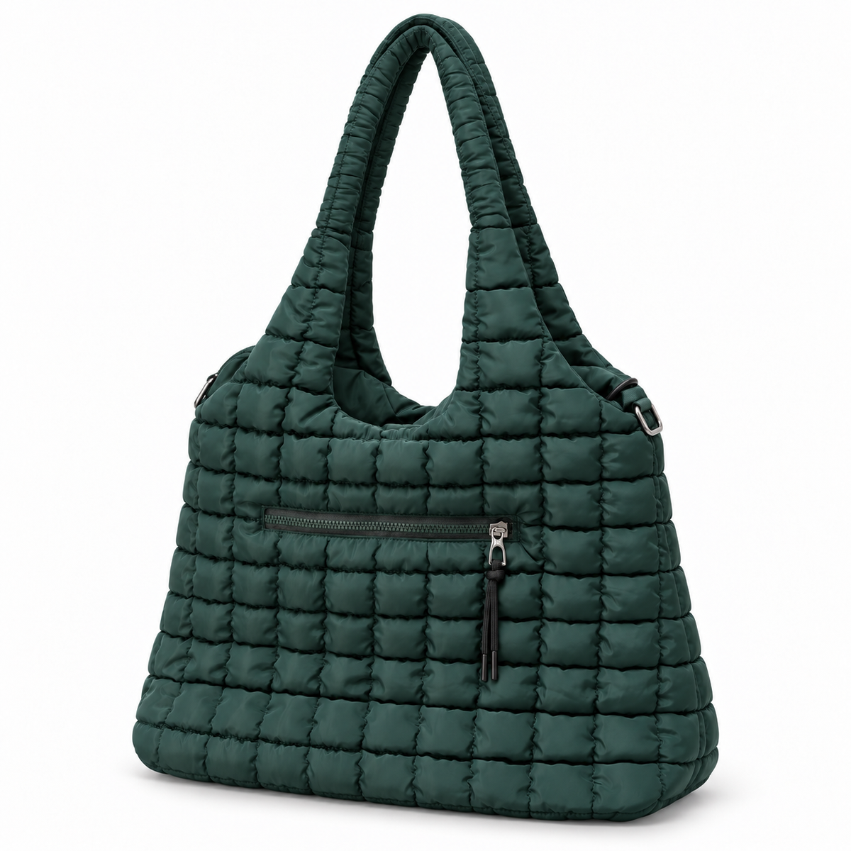 Forest Green Quilted Tote Bag three-quarter angle view showing forest green puffer nylon with grid square quilted pattern, single looped quilted shoulder strap, open top, front exterior zippered pocket with black tassel pull, and silver D-ring crossbody strap attachment on white background
