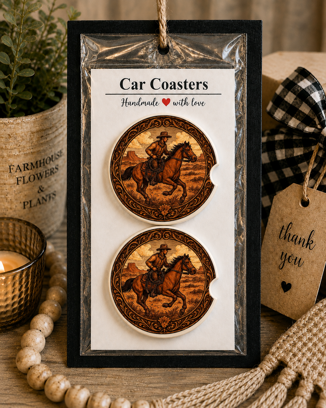 Cowboy Riding Horse Car Coaster Set in handmade packaging — gift-ready ceramic coasters with tooled leather-style cowboy and horse desert design, set of 2
