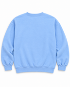 Back view of the plain light blue sweatshirt with long sleeves and ribbed cuffs and hem
