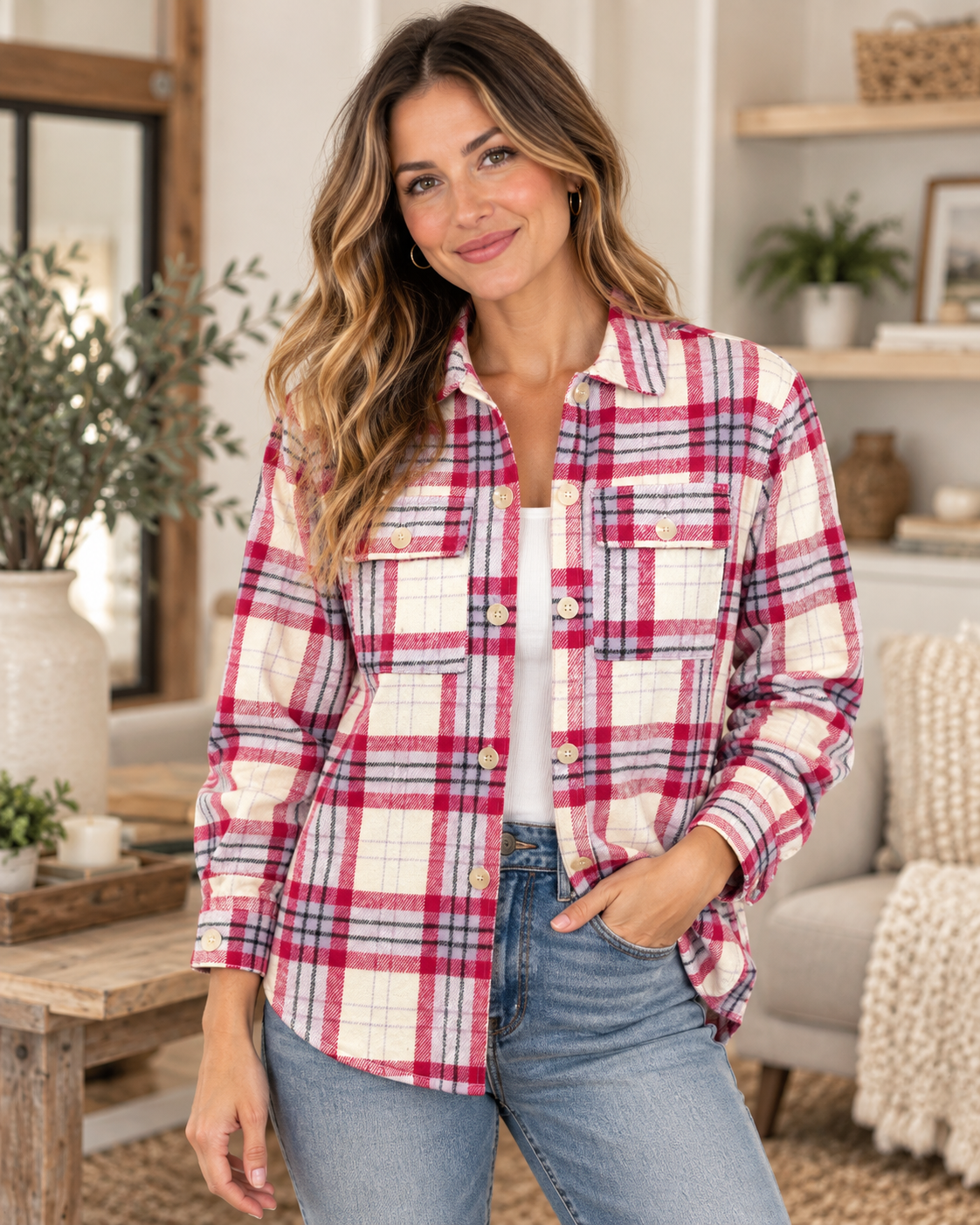 Model wearing the raspberry and cream plaid shacket open over a white top with jeans
