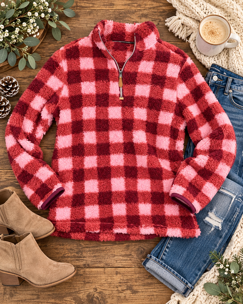 Pink and burgundy plaid sherpa pullover styled with distressed jeans, tan boots, a cream throw, a mug, greenery, and pinecones on rustic wood
