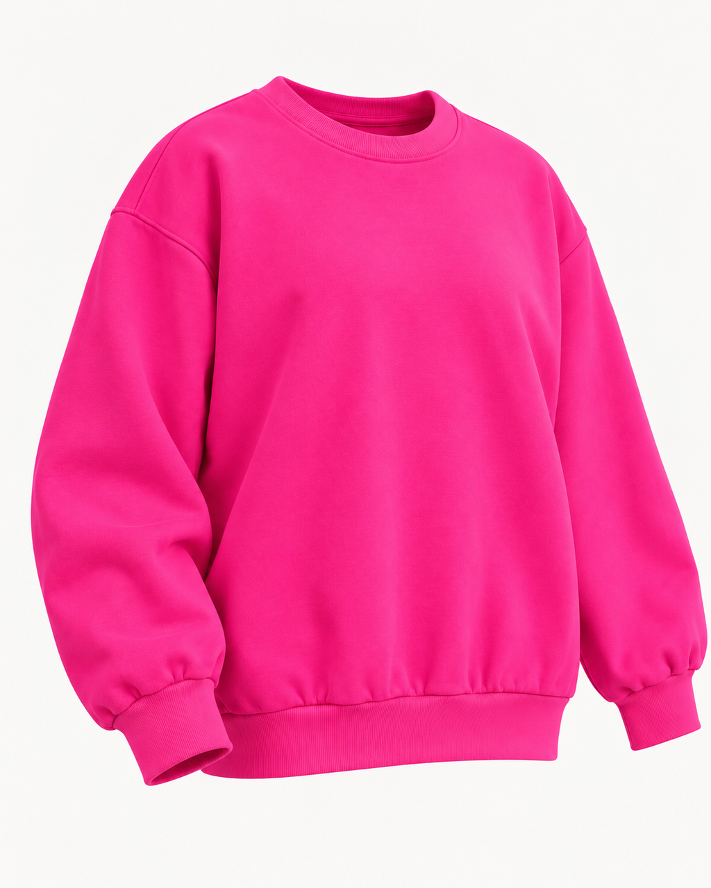 Angled front view of the plain hot pink sweatshirt showing its crew neckline, long sleeves, and ribbed trim
