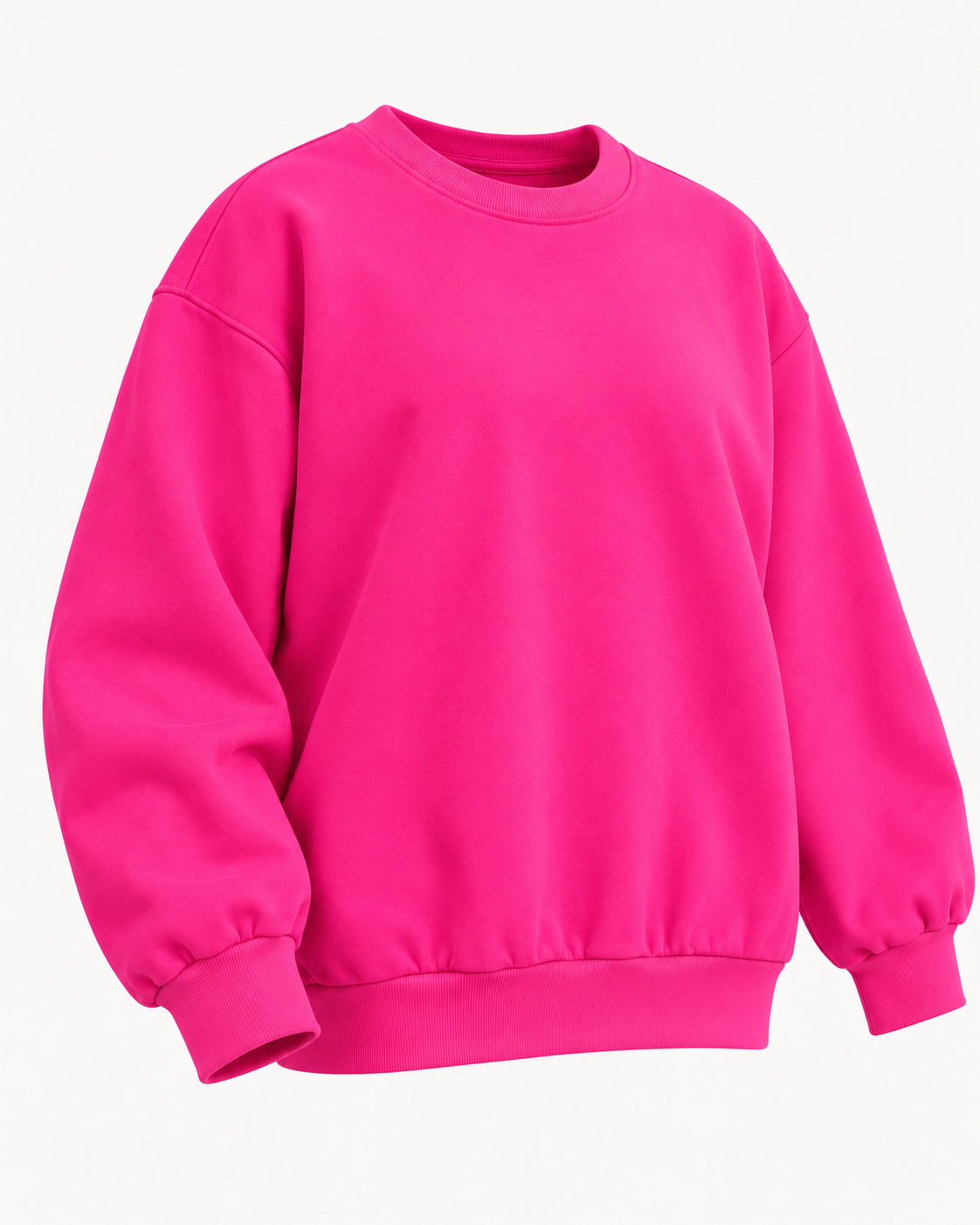 Angled front view of the plain hot pink sweatshirt showing its crew neckline, long sleeves, and ribbed trim