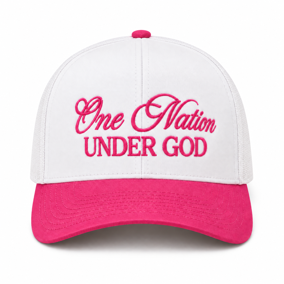 One Nation Under God Baseball Cap in Fuchsia front view showing white structured cotton crown with hot pink fuchsia embroidered script reading One Nation Under God in cursive and block lettering, fuchsia bill, and fuchsia top button on white background
