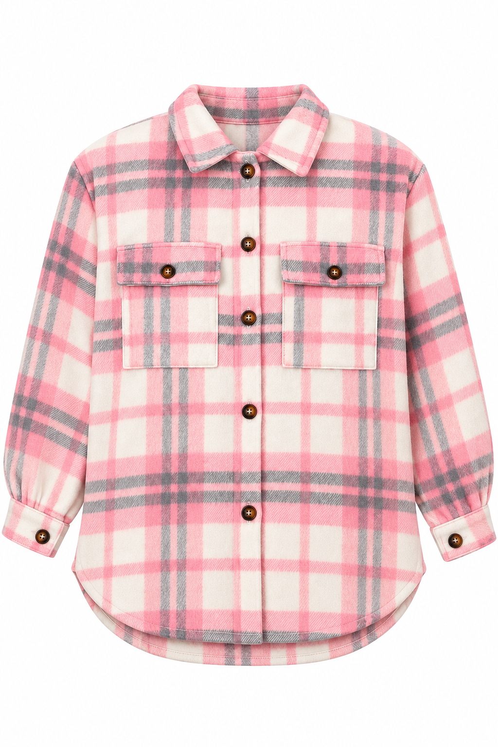 Pink & Gray Plaid Shacket front view showing pink, gray, and cream plaid pattern, spread collar, brown dome button placket, two buttoned chest flap pockets, button cuffs, and curved shirttail hem on white background
