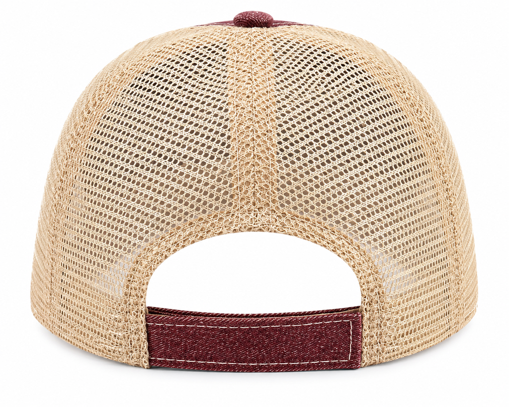 Rear view of a trucker-style baseball cap with a beige mesh back and a burgundy adjustable strap and top button, shown on a white background.