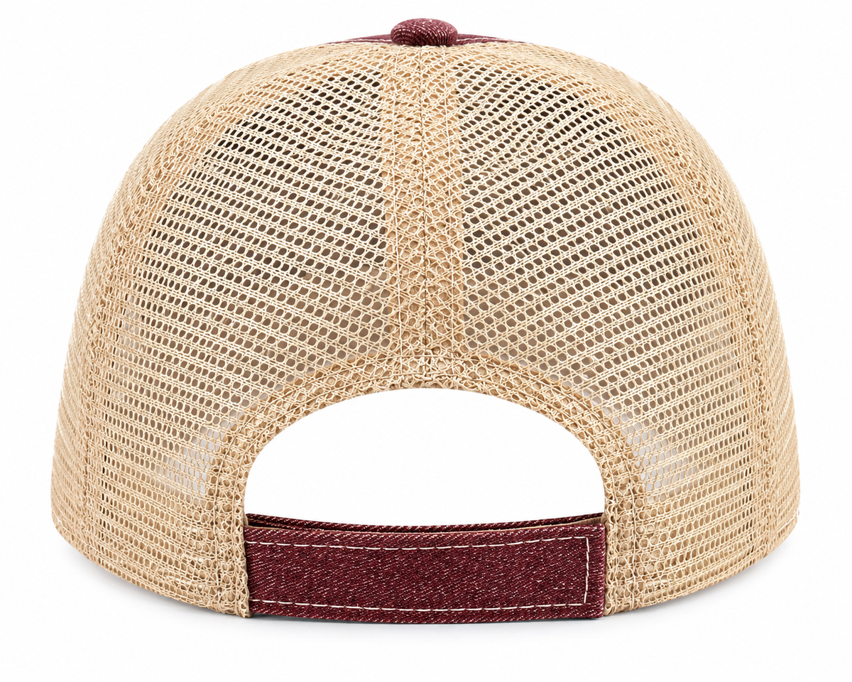 Rear view of a trucker-style baseball cap with a beige mesh back and a burgundy adjustable strap and top button, shown on a white background.