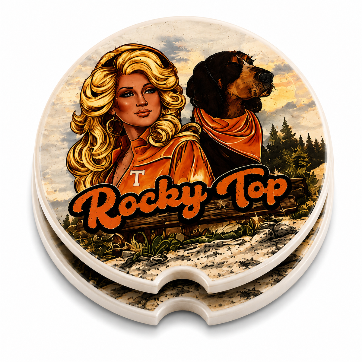 Both Rocky Top Dolly and Smokey car coasters showing front design and cork backing
