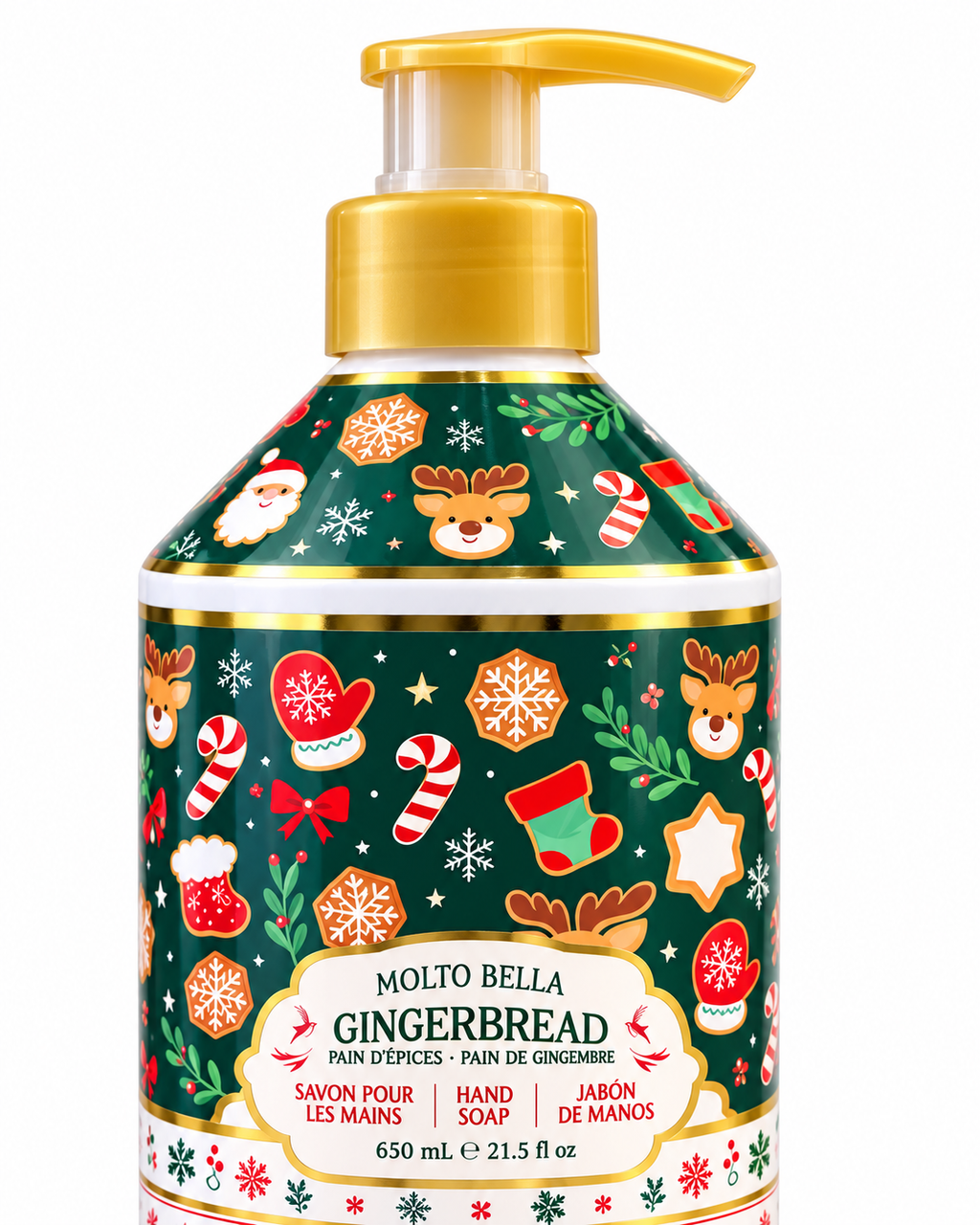 Detailed view of Gingerbread hand soap showing the gold-colored pump, green Christmas-patterned bottle, and 21.5 fl oz label
