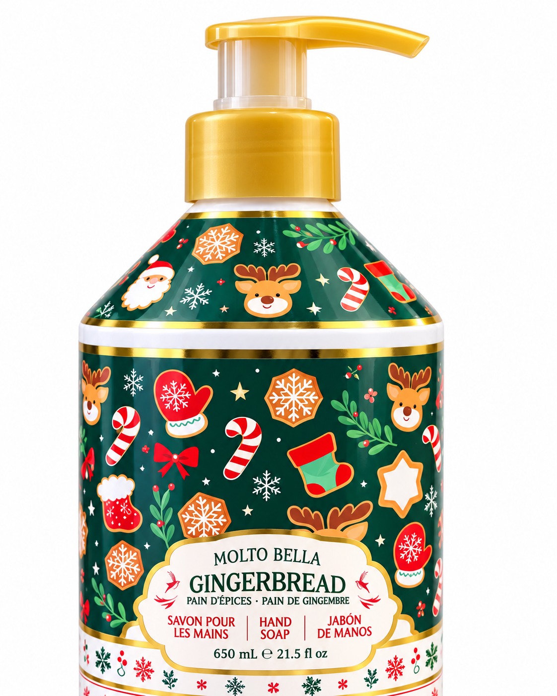 Detailed view of Gingerbread hand soap showing the gold-colored pump, green Christmas-patterned bottle, and 21.5 fl oz label
