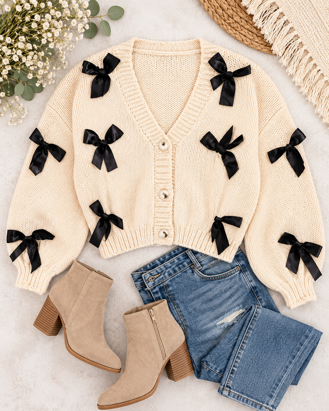 Tan cropped knit cardigan with black bows laid flat beside blue jeans and tan ankle boots, showing the V-neckline and button front
