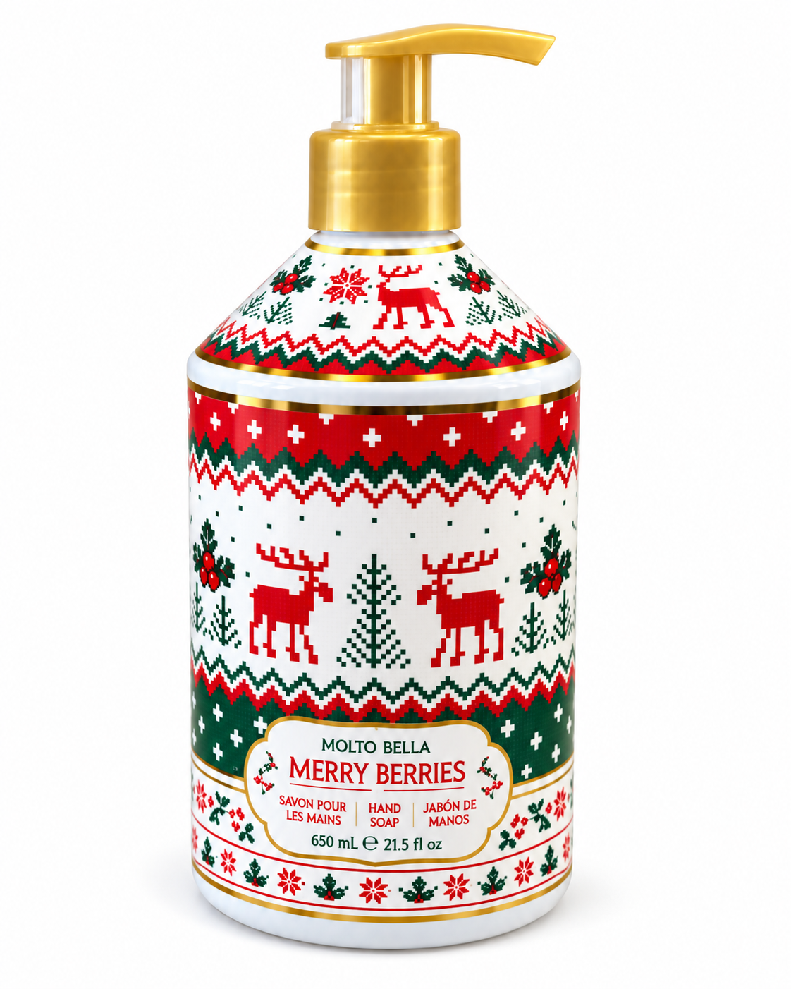 Angled view of Merry Berries hand soap showing the sweater-inspired reindeer, tree, and holly pattern with a 21.5 fl oz label
