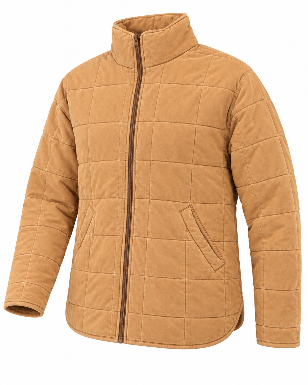 Camel Garment Washed Quilted Jacket three-quarter angle view showing camel washed quilted grid texture, stand-up collar, bronze zipper, front slit pocket, and curved hem on white background
