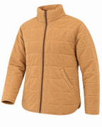 Camel Garment Washed Quilted Jacket three-quarter angle view showing camel washed quilted grid texture, stand-up collar, bronze zipper, front slit pocket, and curved hem on white background
