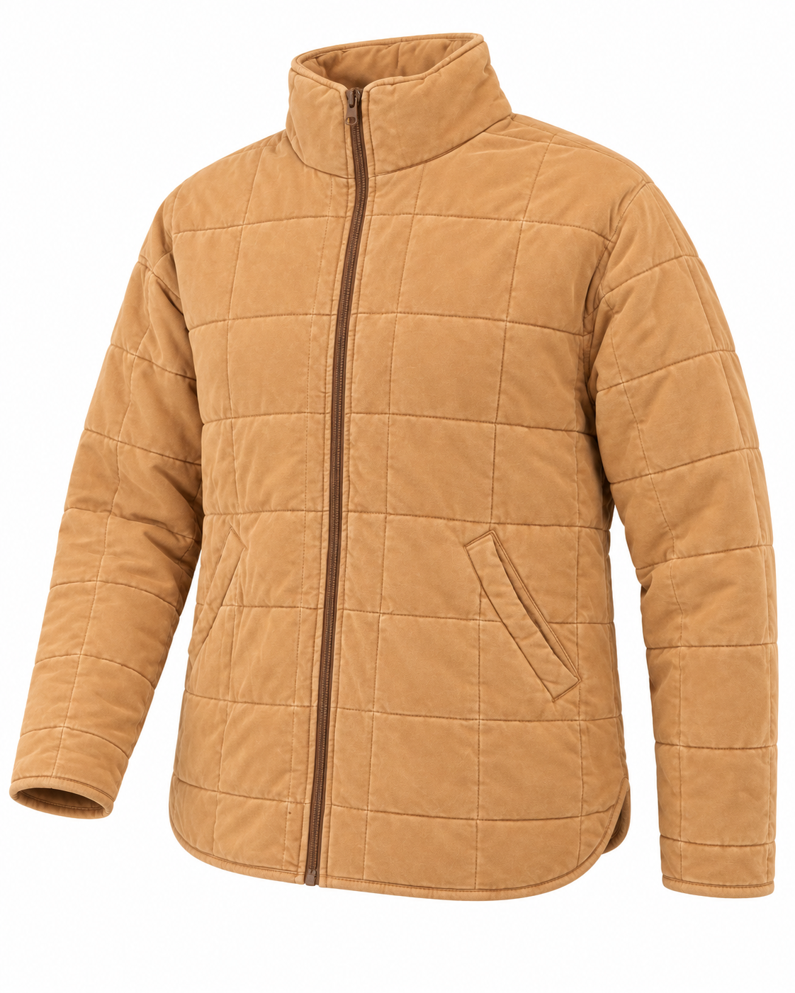 Camel Garment Washed Quilted Jacket three-quarter angle view showing camel washed quilted grid texture, stand-up collar, bronze zipper, front slit pocket, and curved hem on white background
