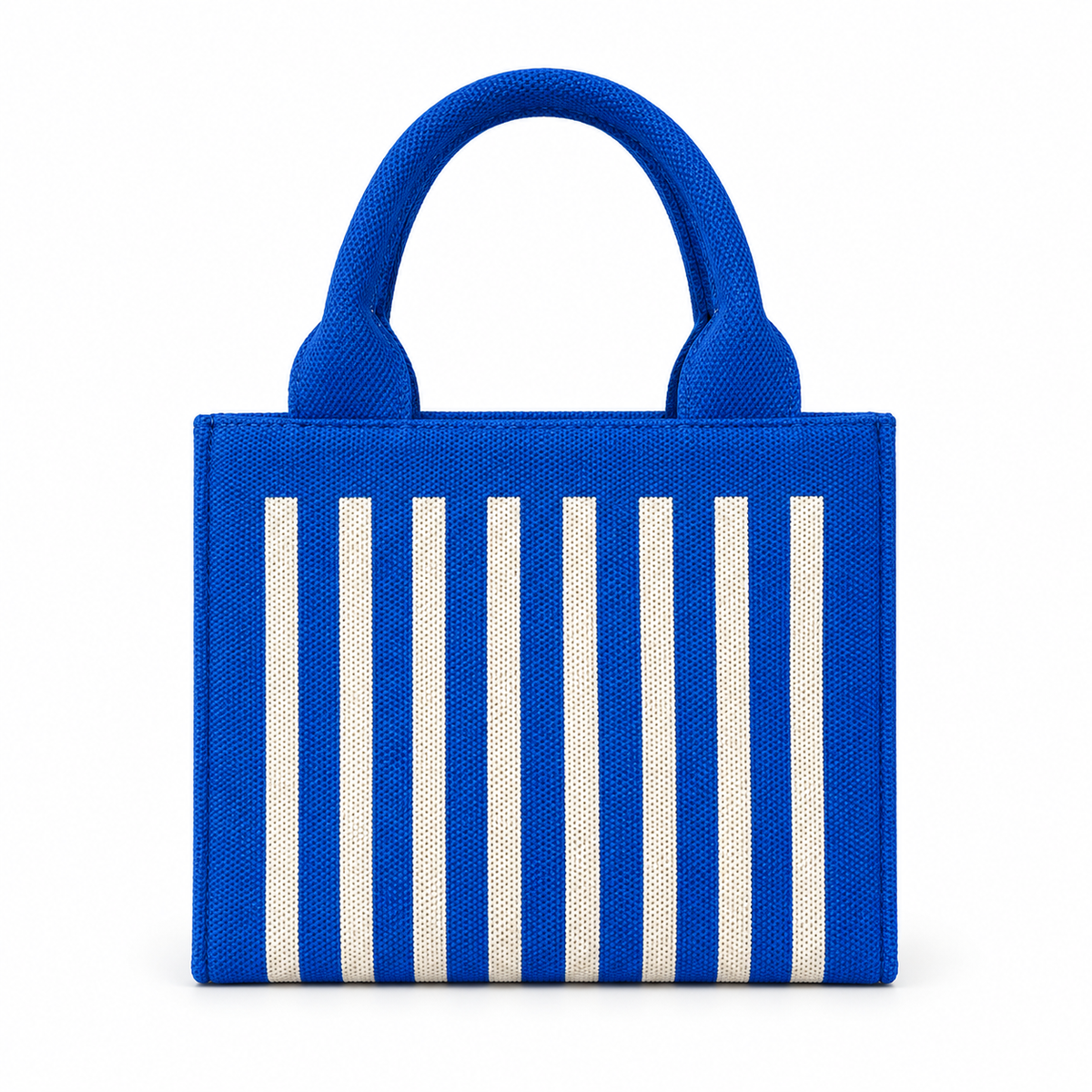 Mini Blue Striped Tote Handbag front view with vivid cobalt blue structured woven body, cream vertical stripes, and matching blue rounded loop top handles on white background
