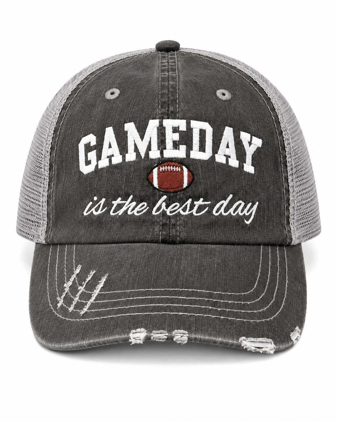Gameday Is the Best Day distressed charcoal trucker hat with embroidered football design, front view
