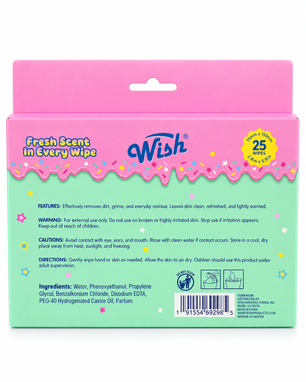 Back of the Wish Mini Wipes three-pack box showing directions, warnings, cautions, ingredients, wipe dimensions, and barcode
