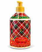 Front view of Candy Cane Apple holiday hand soap with a gold-colored pump, red and green plaid bottle, and 21.5 fl oz label
