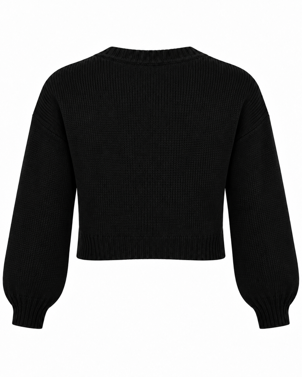 Back view of Black Satin Bow Knit Cardigan showing clean black knit back panel with no bows, crew neckline, cropped length, and elasticized ribbed cuffs on white background
