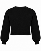 Back view of Black Satin Bow Knit Cardigan showing clean black knit back panel with no bows, crew neckline, cropped length, and elasticized ribbed cuffs on white background
