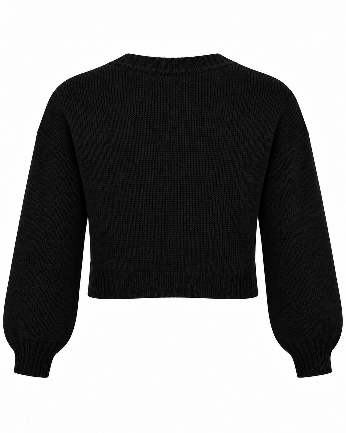 Back view of Black Satin Bow Knit Cardigan showing clean black knit back panel with no bows, crew neckline, cropped length, and elasticized ribbed cuffs on white background
