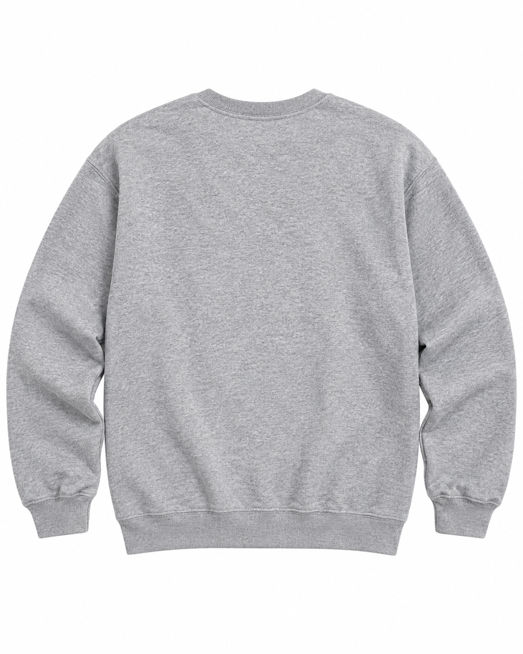 Back view of the plain heather gray sweatshirt with long sleeves and ribbed cuffs and hem
