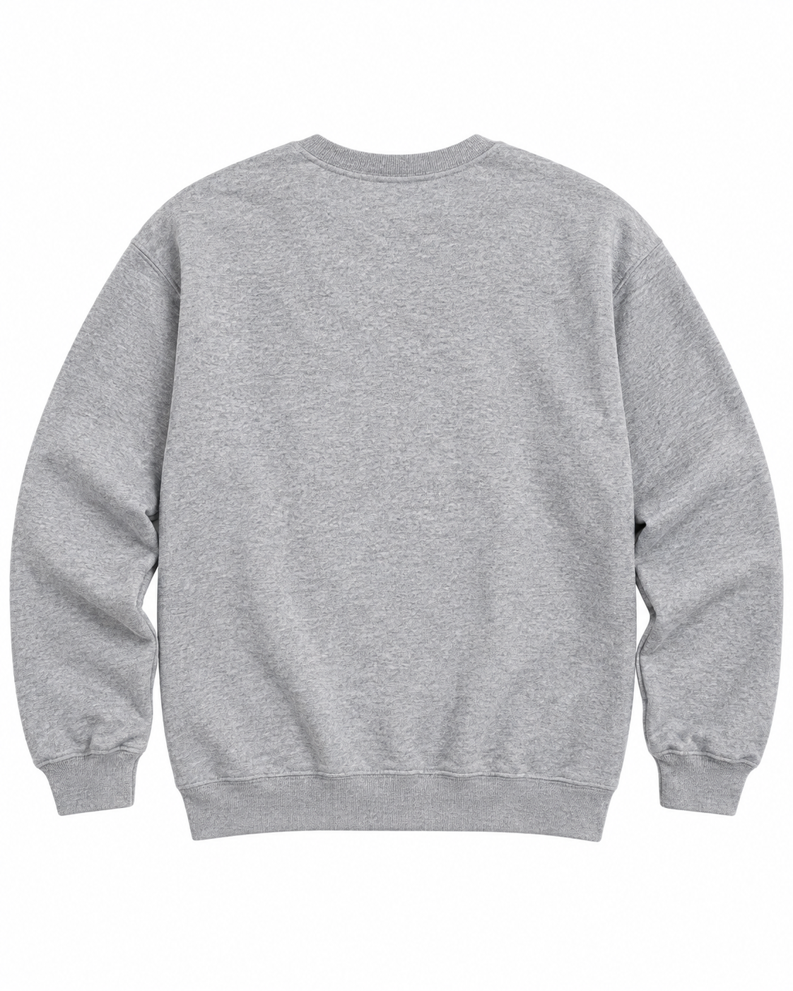 Back view of the plain heather gray sweatshirt with long sleeves and ribbed cuffs and hem
