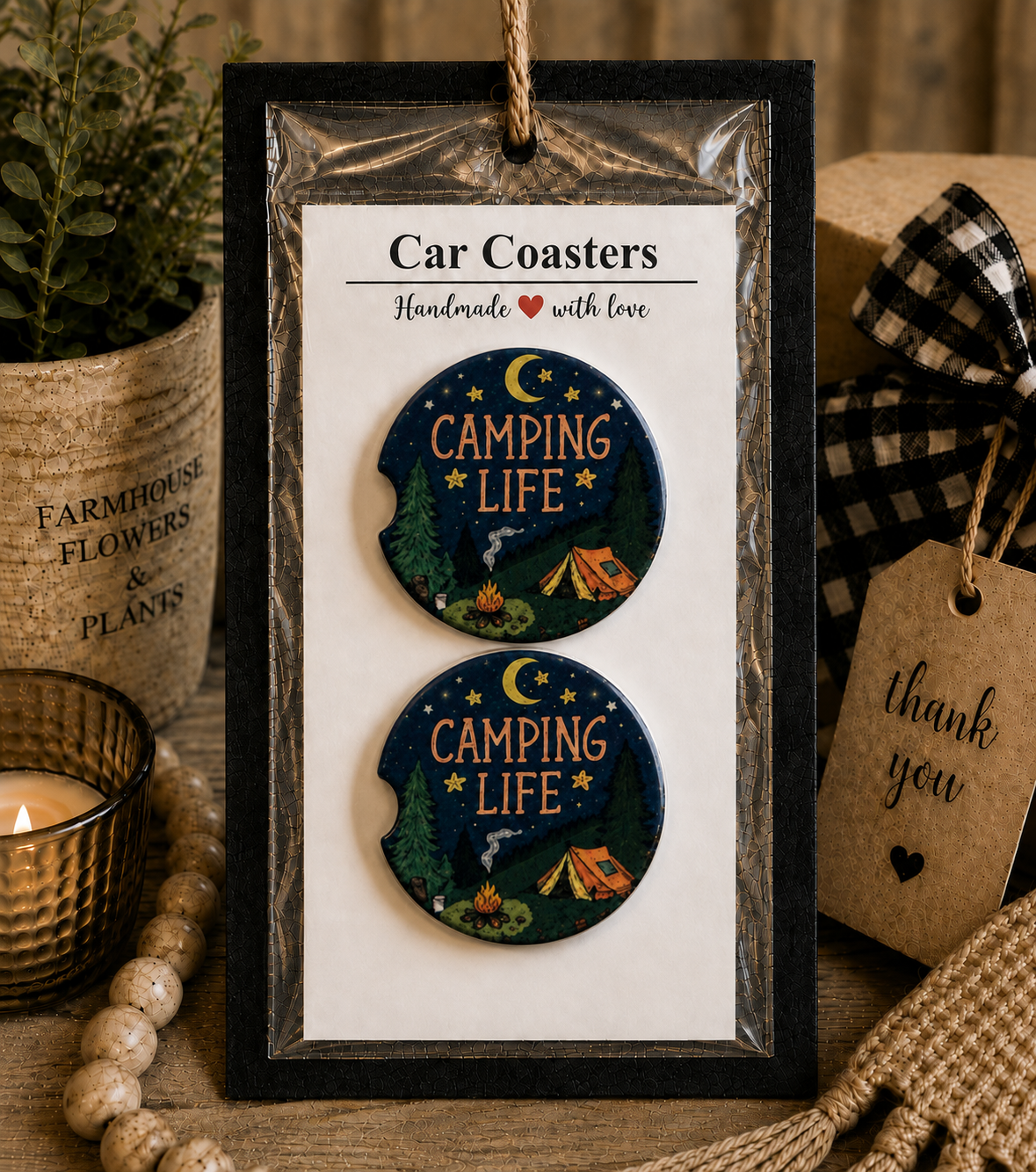 Camping Life Car Coaster Set in handmade packaging — gift-ready ceramic coasters with campfire, tent, pine trees, crescent moon, and stars night scene, set of 2
