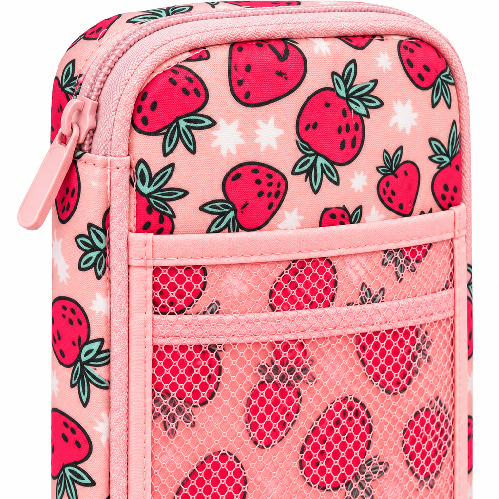 Close-up of Strawberry Tumbler Pouch showing pink top zipper closure with pink pull tab, light pink strawberry and white star print fabric, and pink-framed front mesh pocket with strawberry print visible through mesh
